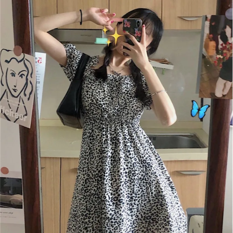 

Vintage Puff Sleeve Floral Dress Summer Women Kawaii Square Collar Loose Waist Cottagecore Dress Korean Fashion Cute Clothing