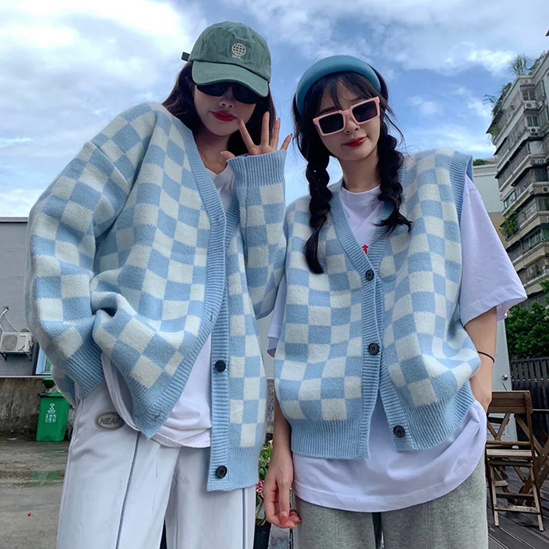 

Checkerboard Vest Women's Sweater Autumn Winter 2021 Korean Fashion Lazy V-neck Sweater Plaid Knitting Vest Cardigan for Women