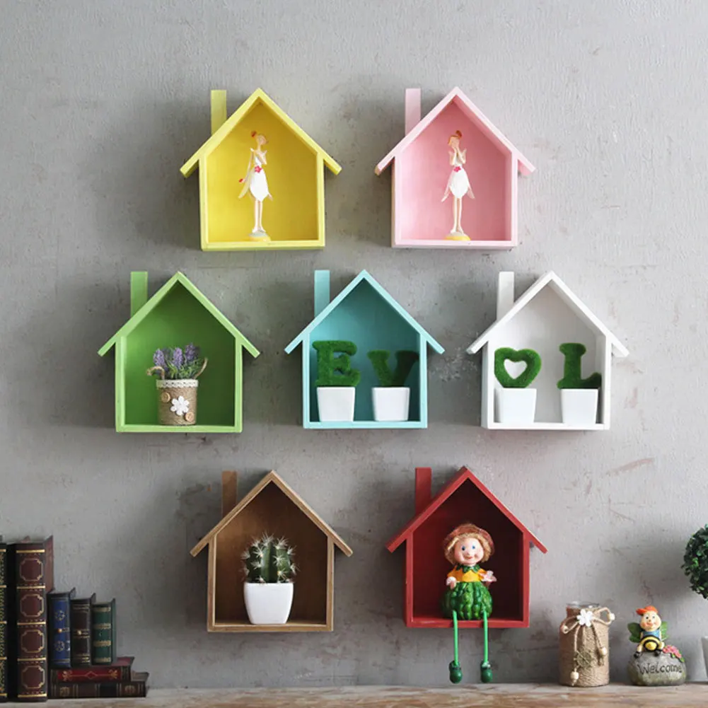 Настенная полка деревянный дом Форма подвесной стеллаж для хранения корзина