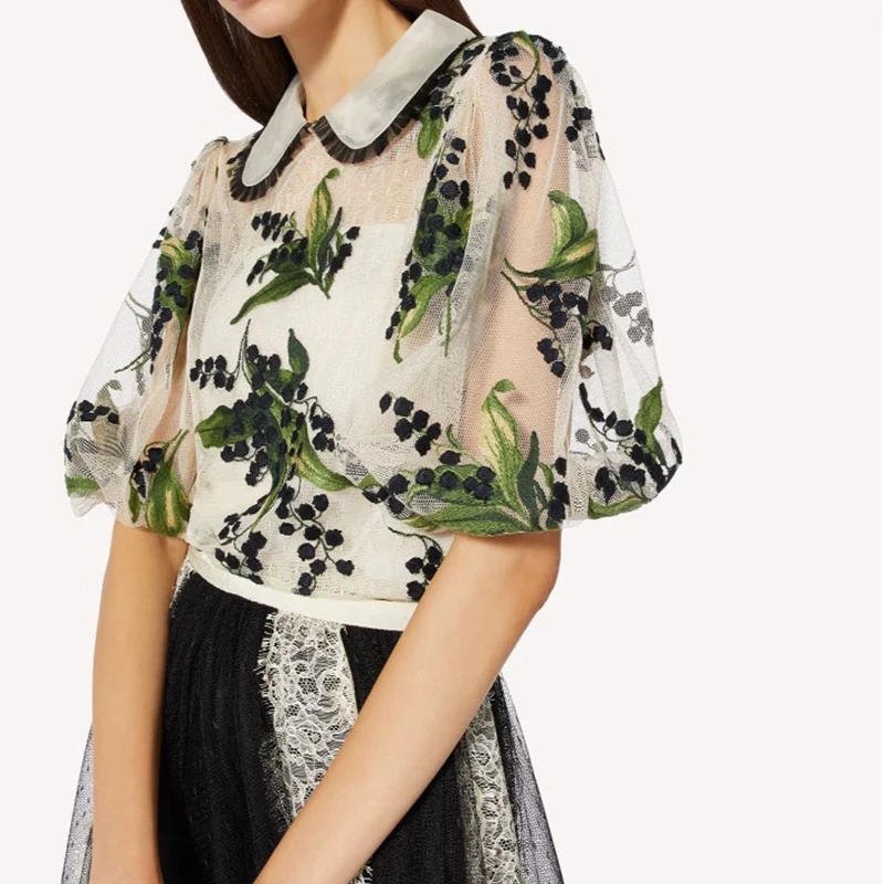 Blusa de malla con cuello de muñeca para mujer, blusa elegante de dos piezas con bordado de flores y puntos, ropa de verano con mangas abullonadas