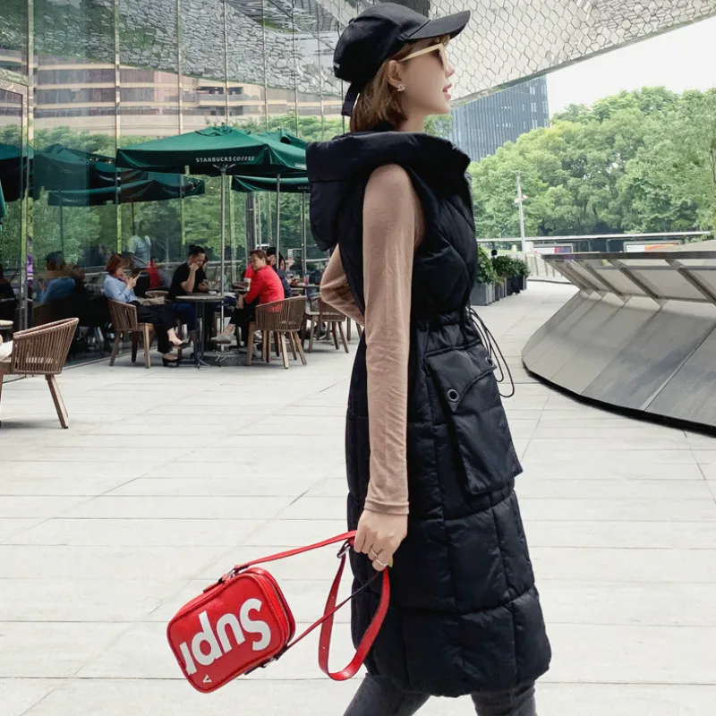 YASUGUOJI женская зимняя Пальто без рукавов жилет с капюшоном Женская Slim Fit карманы