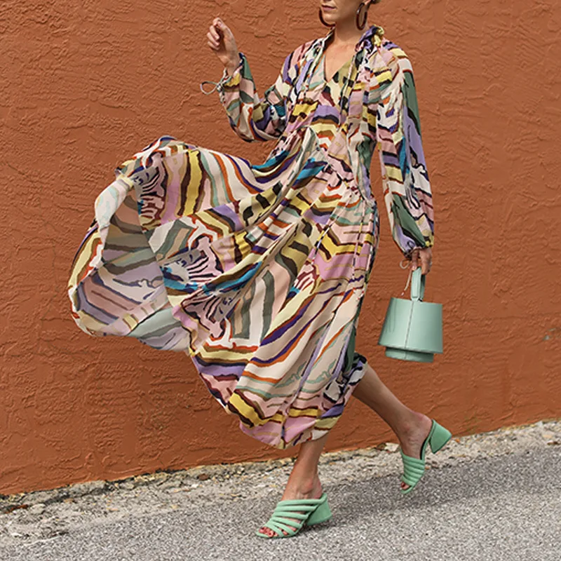 Женское богемное Платье макси с длинным рукавом и V образным вырезом|Женские