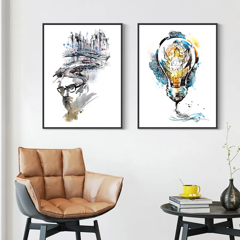 

Minimalist Wall Art Bulb Color Abstract Canvas Painting Nordic Black And White Character Poster Modern Home Living Room Decor
