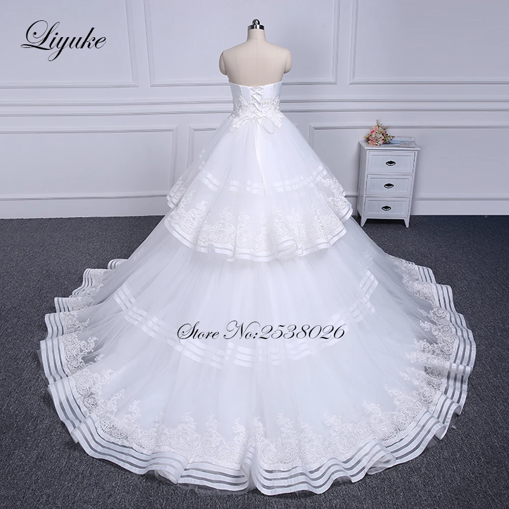 Свадебное платье-трапеция Liyuke без бретелек с многоярусной юбкой со шлейфом