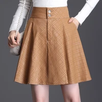 autumn winter women sexy faux leather skirts high waist elastic mini short skirt plaid black brown mini pleated skirts plus size