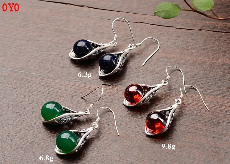 

925 sterling silver hollow earrings inlaid garnet red green chalcedony blue sandstone ladies retro temperament earrings