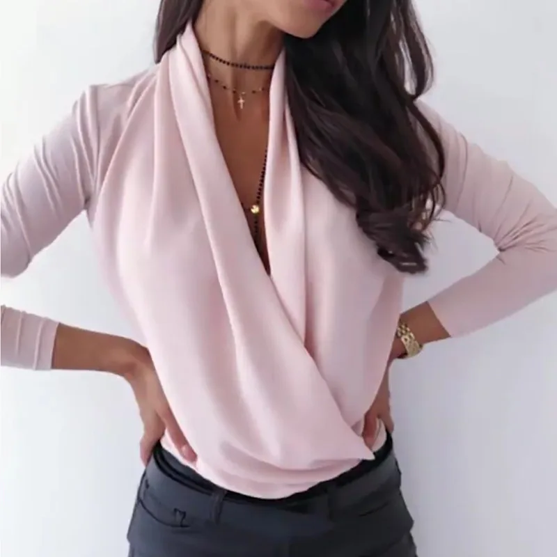

2021 Women Fall Sexy Deep V Neck T-shirt All-MatchTops White Tees Feminina New Solid Clothes Elegant Long Sleeve Streetwear