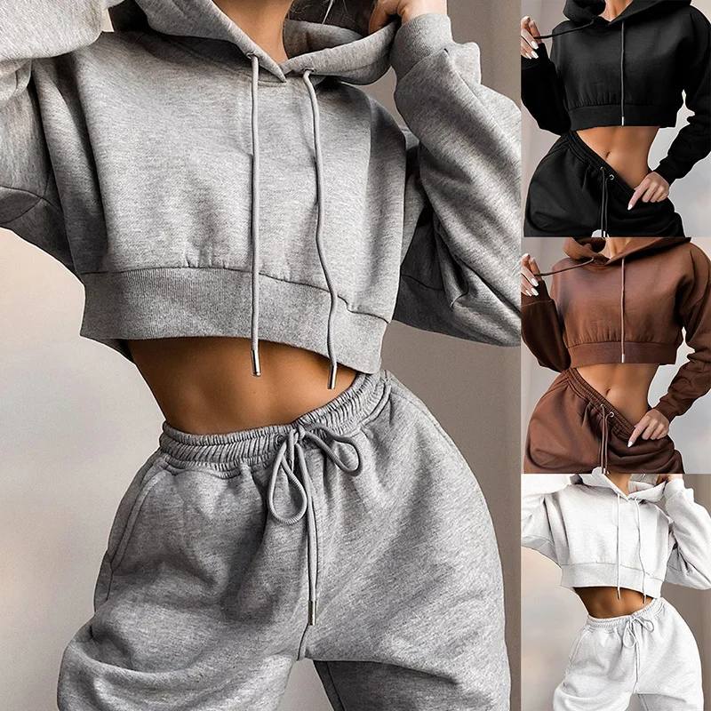 

Cross-Border 2021 New Large Size European and American Fleece Casual Hooded Sweater Set for Women