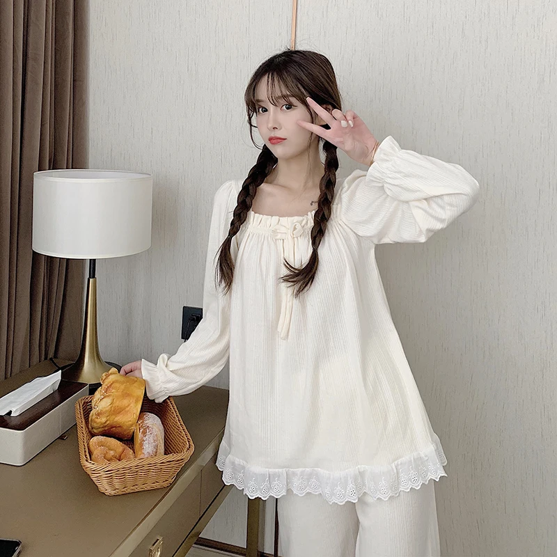 

Autumn 2021 New Long-Sleeved Trousers Ladies Pajamas Suit Simple Style Long Pajamas Square Collar Lace Women'S Home Service