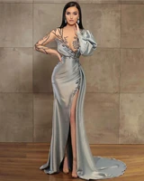 2022 illusion silver sheath long sleeve evening dress crystal beading high side split floor length women prom party gown