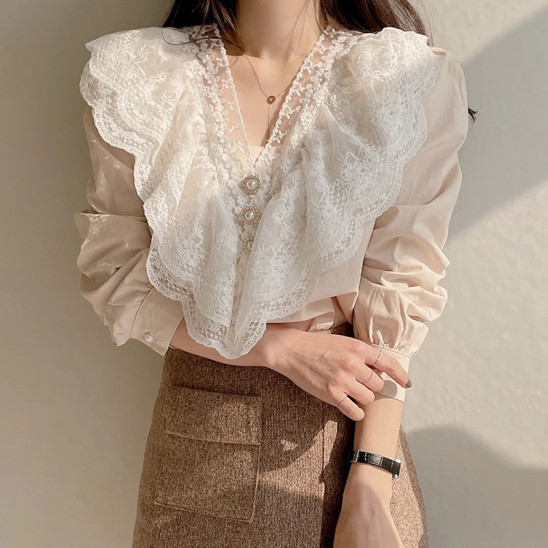 

Women Summer Elegant Lace Patchwork Hook Flower Blouse Work Style Ol Solid Blusas Sexy Deep V Neck Long Sleeve Pullover Shirts