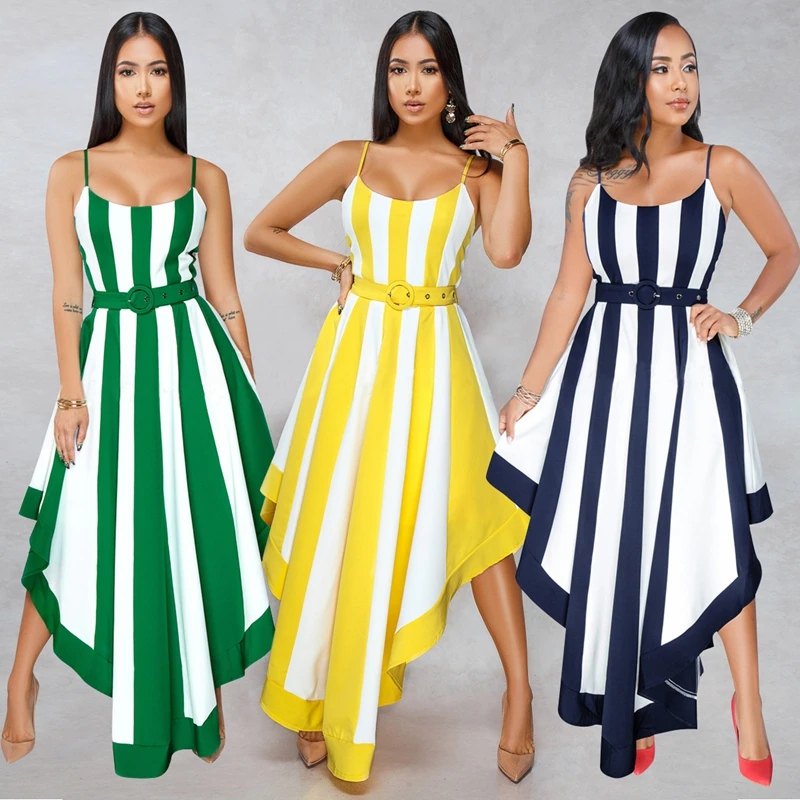 

2021 Fashion Sexy Striped Print Sleeveless Asymmetrical Big Swing Women Dress Elegant Woman Party Night Long Dresses Green