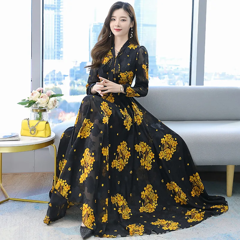 

WEPBEL 2021 Spring and Summer Women's New Long Dress Jacquard Chiffon Super Fairy Waist Beach Big Bow Super Long Dress