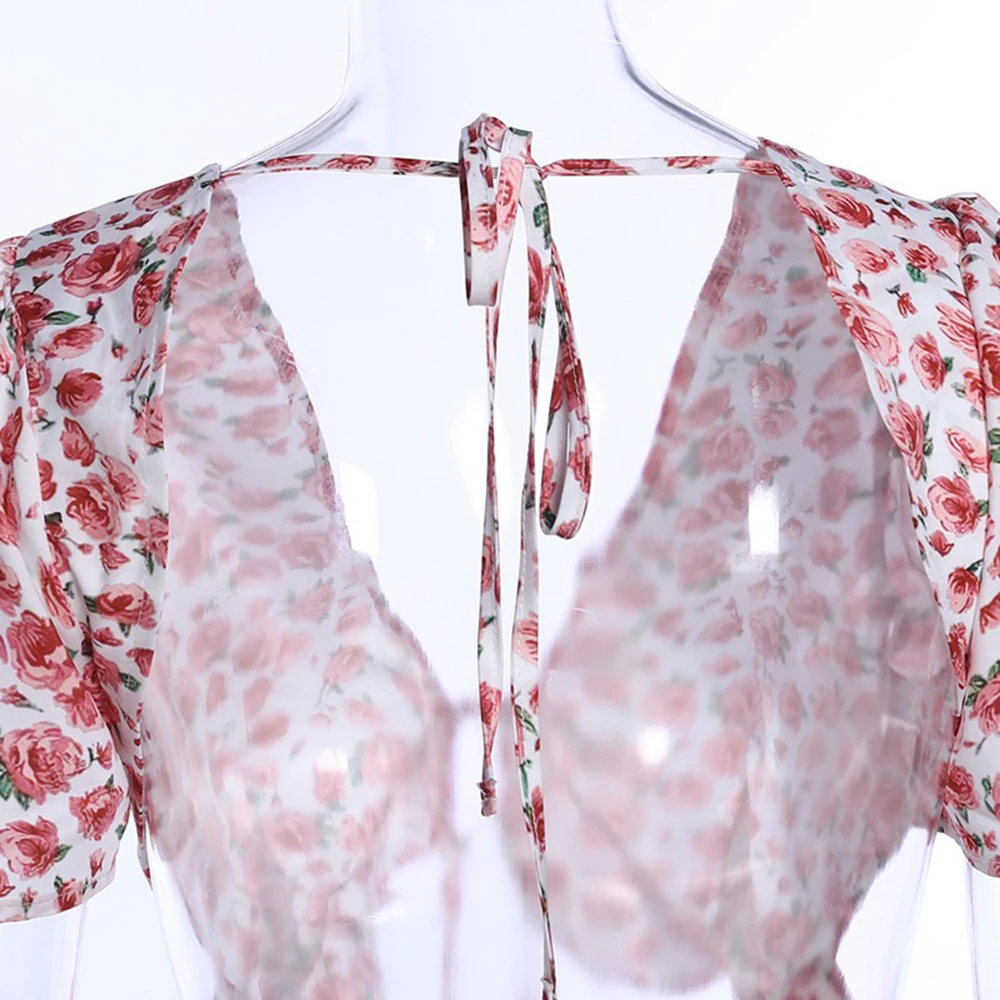 

Summer Women's Dress New Women Fashion Pink Floral Halter Deep V-Neck Sexy Hot Ladies Club Party Wear Mini Female Cotton Dresses