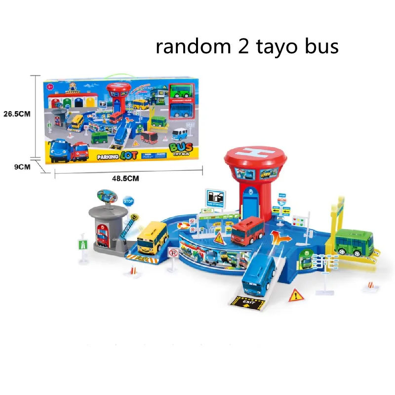 Korean Cartoon Tayo The Little Bus Set Assembled Car Runway Parking Lot Model Bus Station with 2 Tayo Buses Kids Toy Gift