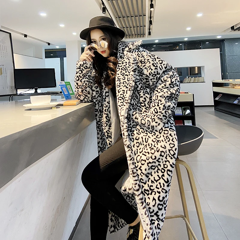

Leopard Big Loosen Women's Long Winter Heavy Coat Warm Blazer Design Longer Jacket Thick Stage Live Show Ins.Pop