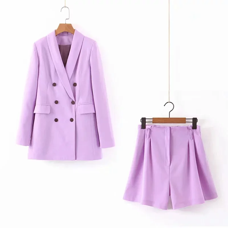 

2022 Autumn Women's Europe New Thin Solid Color Double-Button Edg Suit Shorts Set Office Uniform Elegant Career Apparel