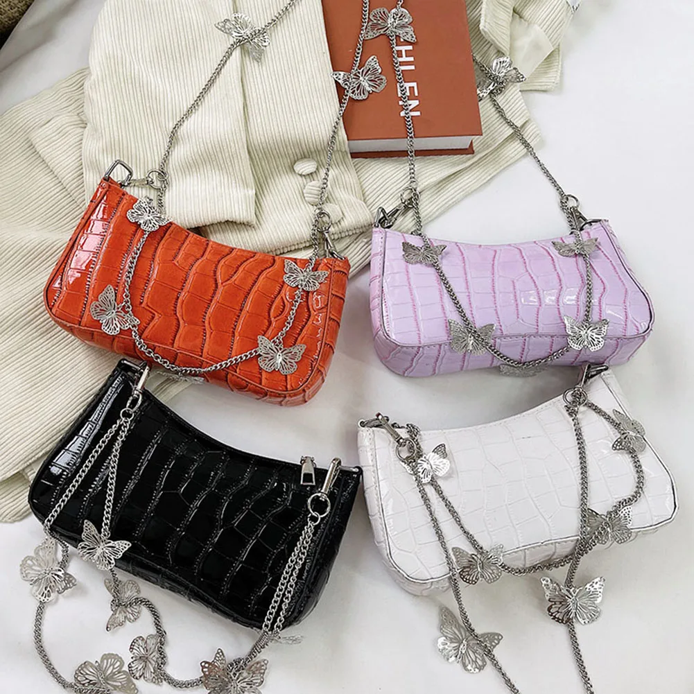 

Женская модная сумка через плечо из искусственной кожи с бабочкой, цепочкой и каменным узором, повседневная женская однотонная маленькая с...