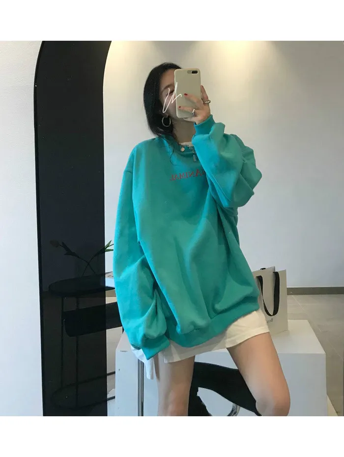 

Fleece Pullover Sweatshirt Korean Autumn Winter Letters Printed Hoodies 2021 New Women Long Sleeve O-neck Jumper