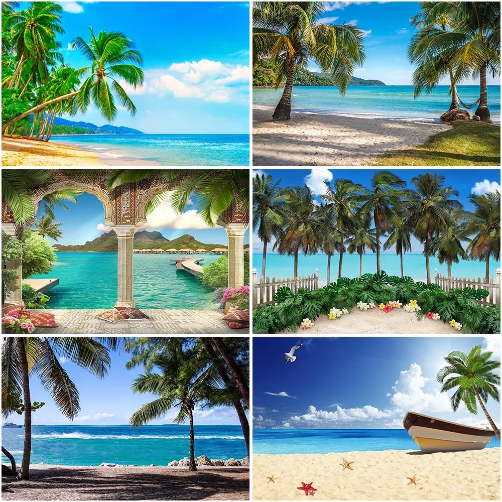 

Фон для студийной фотосъемки с изображением летнего пляжа дня рождения тропического моря песка голубого неба белых облаков