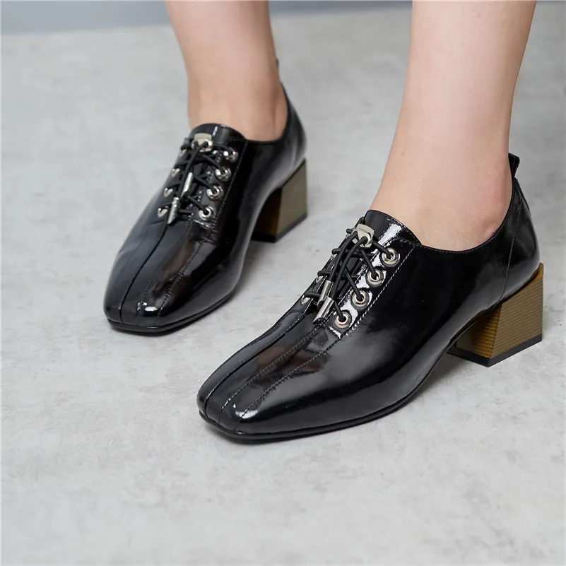 

Meotina High Heels Women Shoes Natural Genuine Leather Chunky Heels Shoes Cow Patent Leather Square Toe Pumps Ladies Size 34-42