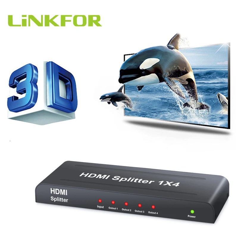 

LiNKFOR 1X4 HDMI SPLITTER with USB Cable Support 3D 1920x1200 One Input Four Output 4 Ways HDMI Splitter Adapter For DVD HDTV