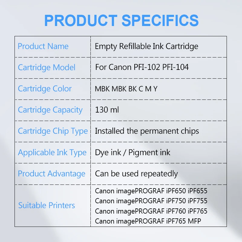 PFI 102 104 перезаправляемый картридж с постоянным чип PFI102 PFI104 для Canon iPF650 iPF655 iPF750 iPF755