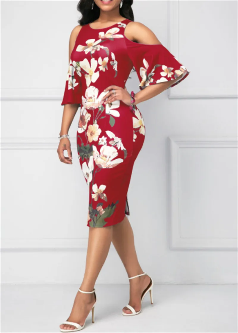 

2020 Large Size Wowen Dress Office Lady Pencil Print Short Dress None Knee-length Batwing Sleeve Empire O-neck Summer