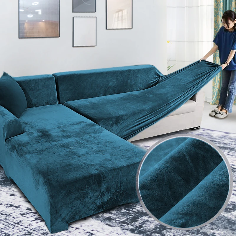 

Elasticated Plush Sofa Covers for Living Room Velvet Corner Armchair Couch Pleads Cover Sets 2 and 3 Seater L Shape Furniture