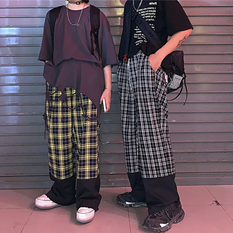 Брюки унисекс в стиле Харадзюку свободные длинные брюки клетку для мужчин и