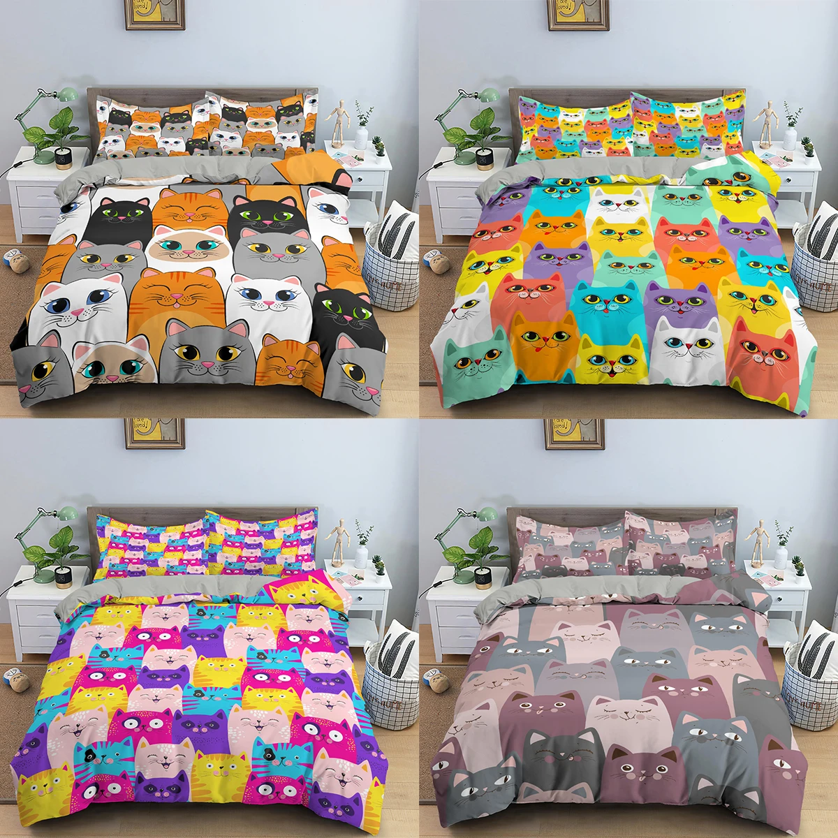 

Cute Cat Bedding Set Girl Boy Kids Cartoon Duvet Cover Pillowcases Bedclothes 2/3pcs Comforter Gift Queen/King Size Home Textile