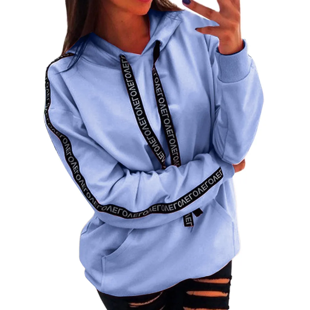 Light blue Womail Толстовка Женская толстовка с капюшоном длинный рукав осень зима пуловер Топы с принтом букв худи с карманами плюс размер 5XL O8 - Цвет: Light blue
