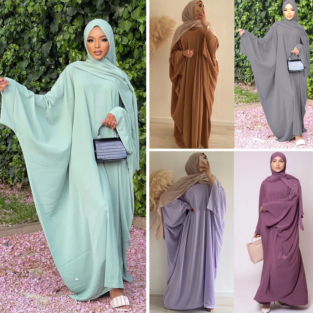 

Plain Abayas for Women Muslim Prayer Garment Modest Bat Sleeve Loose Khimar Hijab Maxi Dress Turkey Arab Eid Ramadan Jilbab Robe