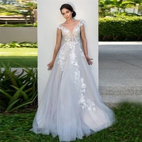 sheer short sleeves a line wedding dress lace appliques tulle garden simple bridal dress 2021 buttons back see through