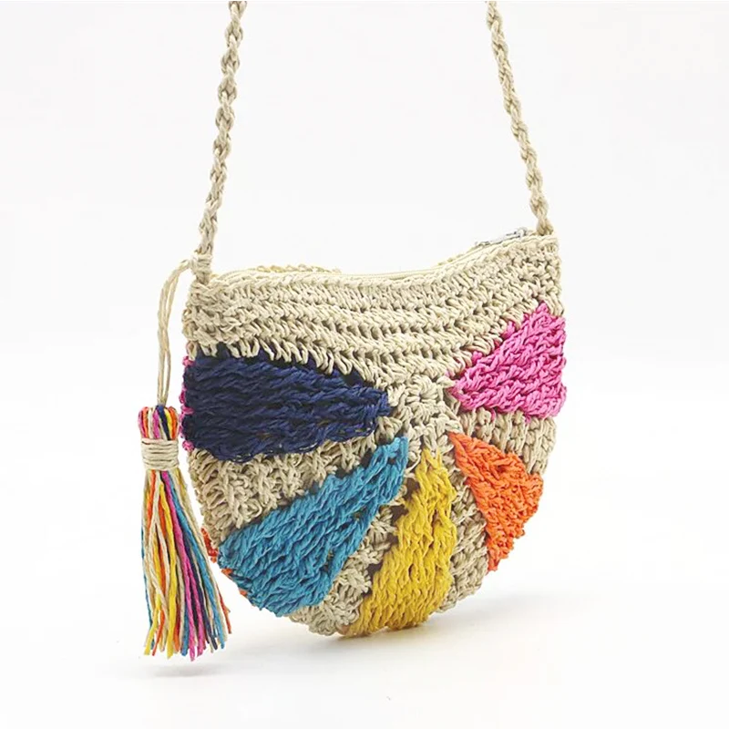 

Summer bag Semicircular multicolored crochet straw bag messenger woven wallet hand bag shoulder bag female bag