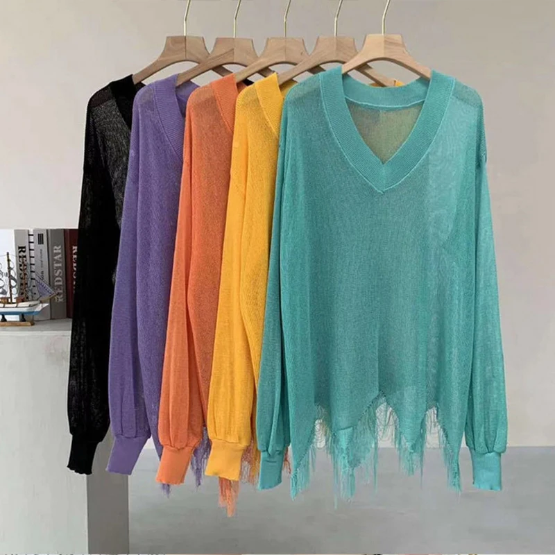 

Sexy Women T-Shirt See Through Transparent Mesh Tassel Top Female Long Sleeve Loose Tee Thin Cutout Blouse V-neck Knitted Blouse