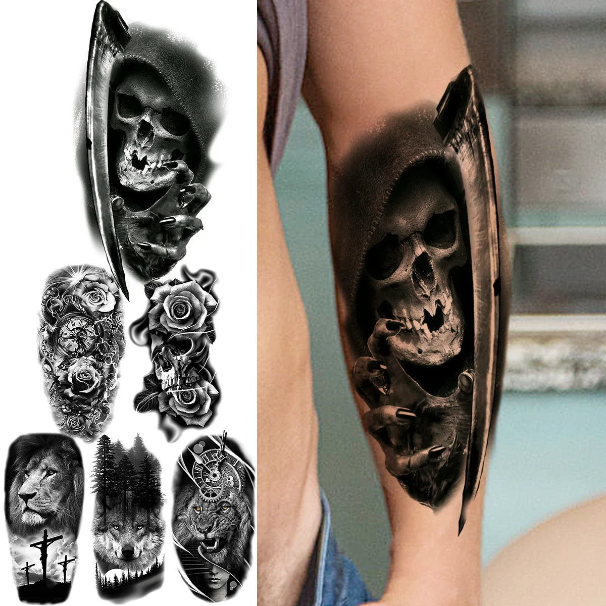 

Временные татуировки для мужчин и женщин, 3D Черный череп, скелет, цветок, волк, Лев, компас, искусственная татуировка, реалистичные татуировк...
