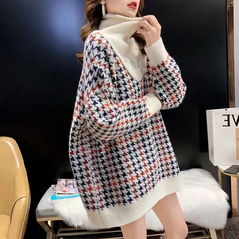 

Vintage Autumn Winter New Houndstooth Turtleneck Female Sweater 2020 Knitwear Casual Long Sleeve Knitted Pullovers For Women