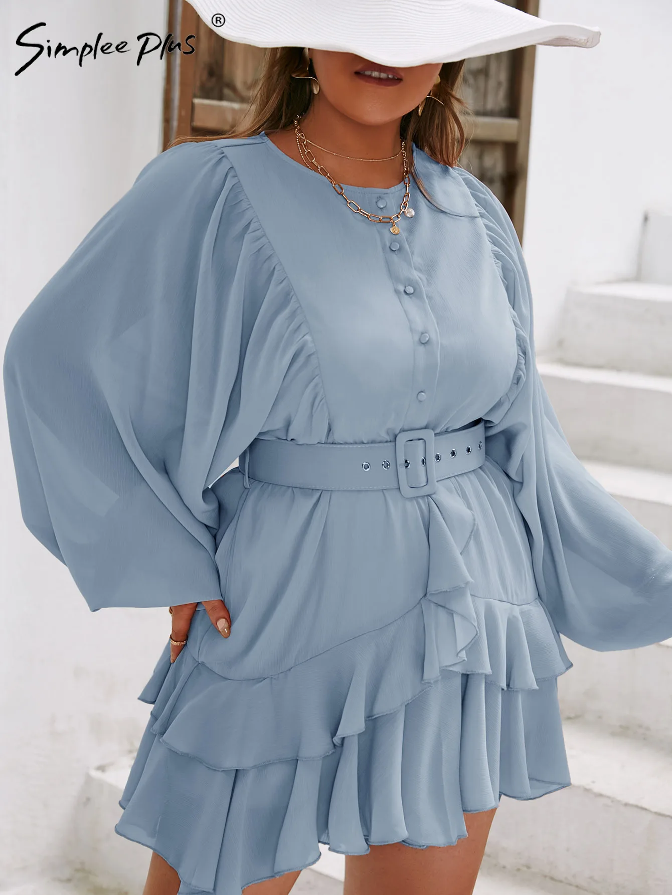 Simplee Plus size dress women Holiday batwing sleeve chiffon dress big size Boho solid ruffle vestidos A-line belt mini dress