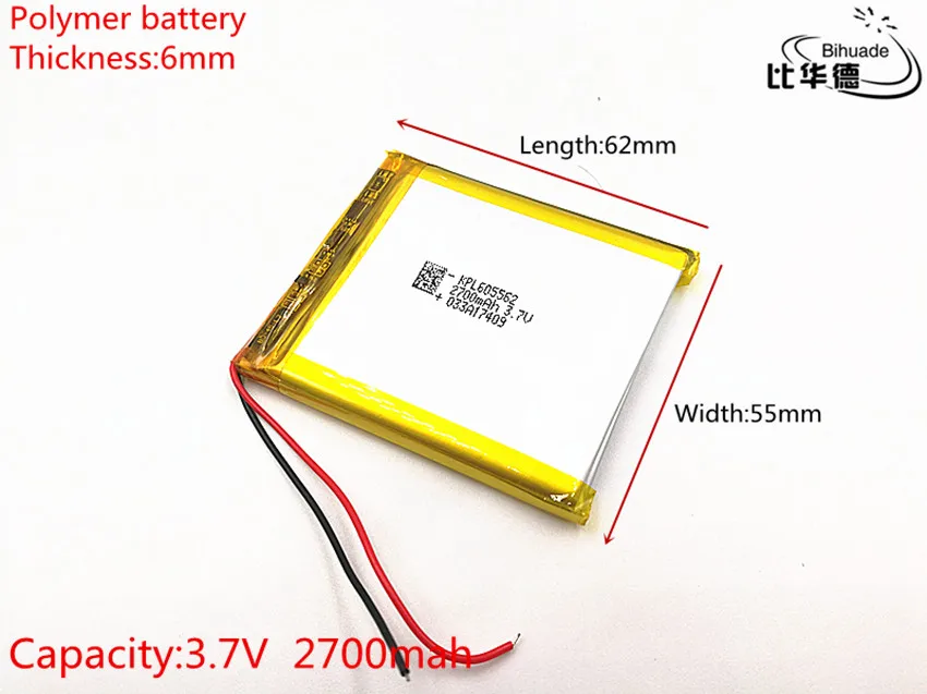 5 шт./лот 3 7 V 2700mAh 605562 литий-полимерный литий-ионный аккумулятор для Mp3 MP4 MP5 GPS |