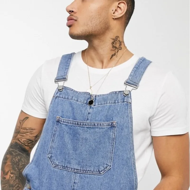 

Men s overalls Men s overalls new retro men s denim hole in shorts conjoined tooling overalls