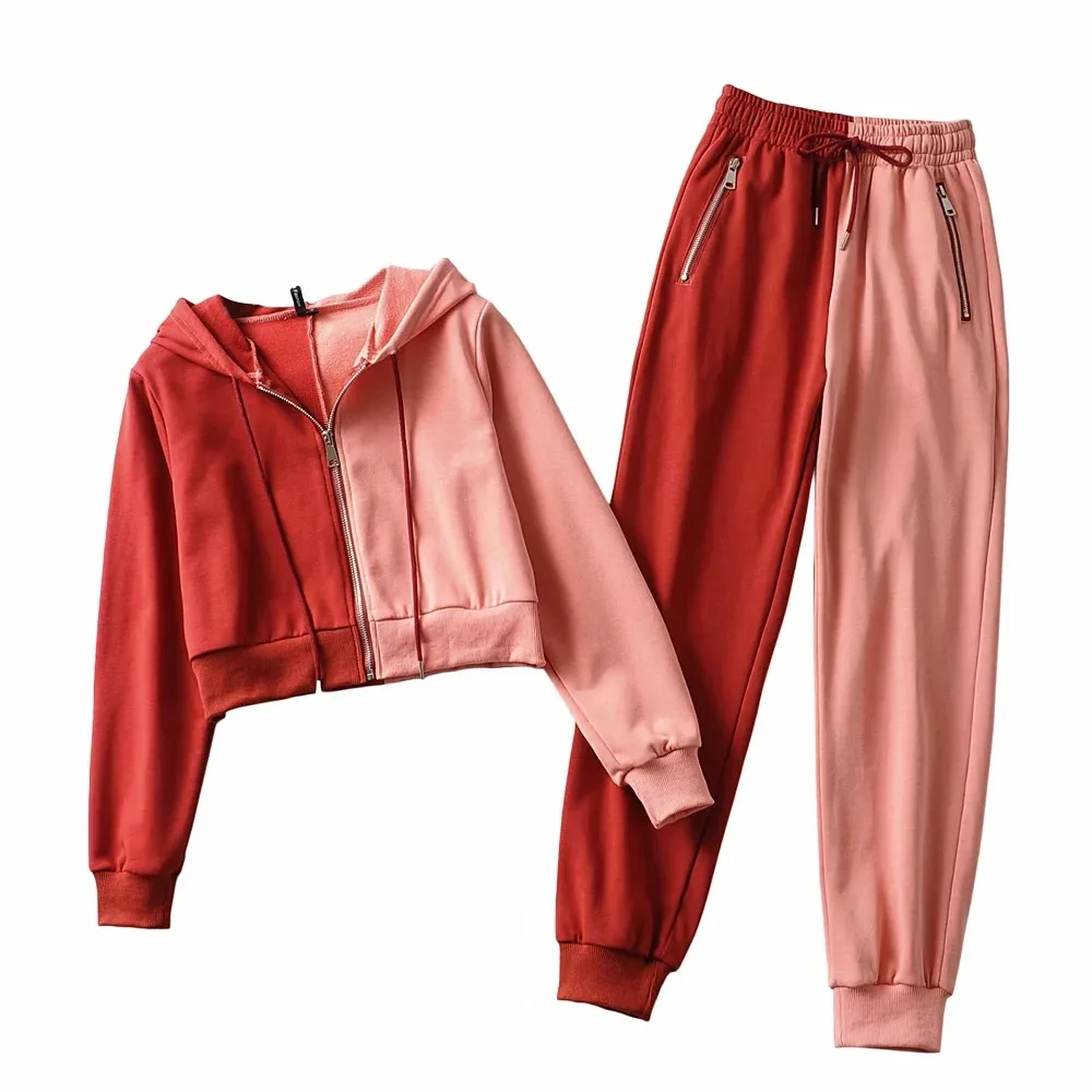 

TVVOVVIN spring new Patchwork Contrast Hooded Sweatshirt Elastic Waist Drawstring Casual Two Piece Suit ONIJ
