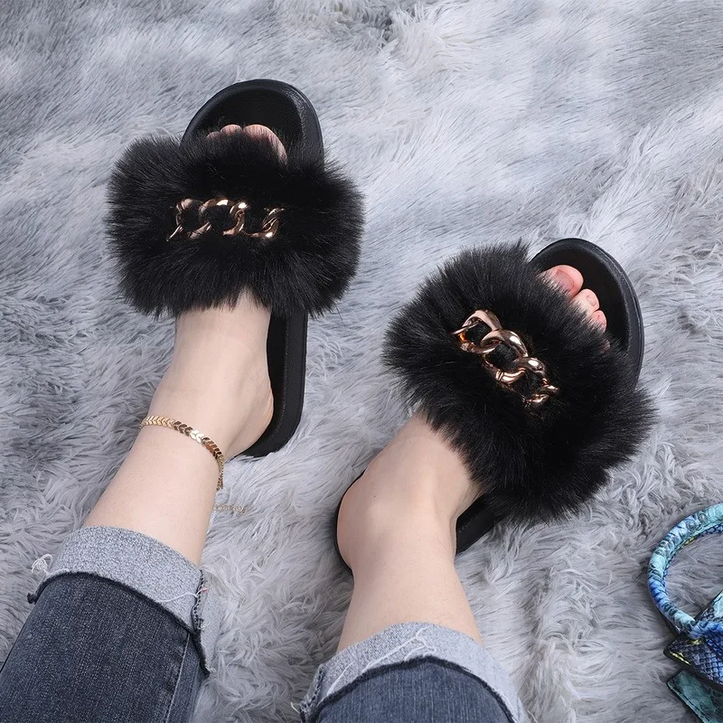 

Ladies Fluffy Flip Flops Fox Fur Slippers Designer Golden Chain Furry Fur Slides Plush Beach Shoes Women Summer Sandals