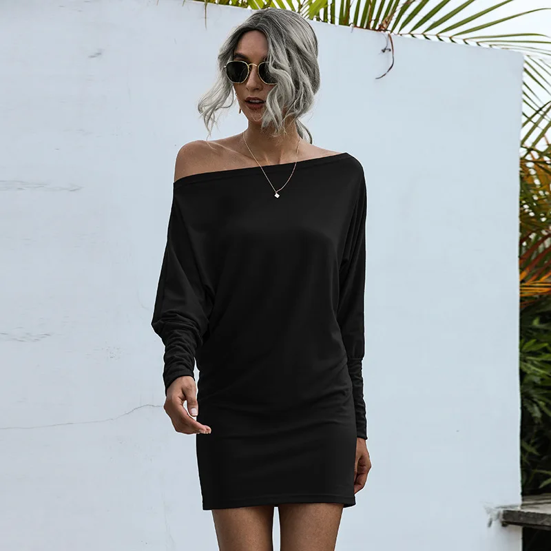 

Autumn Winter Popular Slant Collar Solid Mid Waist Sexy Hip Wrap Dress Black Red Green Dress