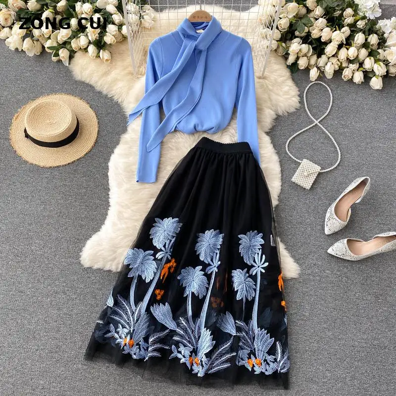 

Женский трикотажный офисный костюм, комплект из двух предметов: Топ + Тюлевая юбка макси + шарф с элегантной вышивкой, осень 2021