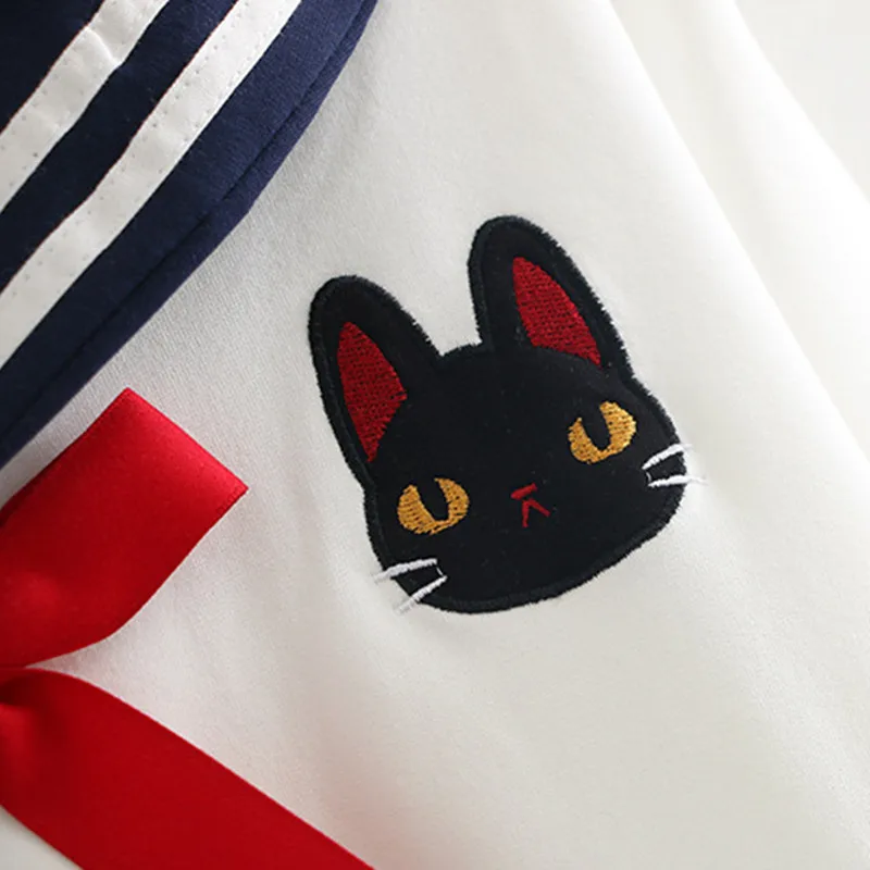 

Sailor Cat Women Hoodies Japanese Sweatshirt Sudadera Cute Lace Bow Tie Embroidery Luna Cat Pullover Sweatshirt WXC