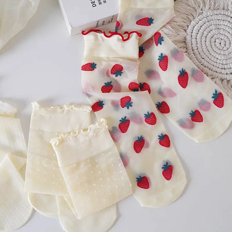 

Three pairs of summer new Japanese thin women's socks ins strawberry cute card silk in tube lace girl JK Lolita student