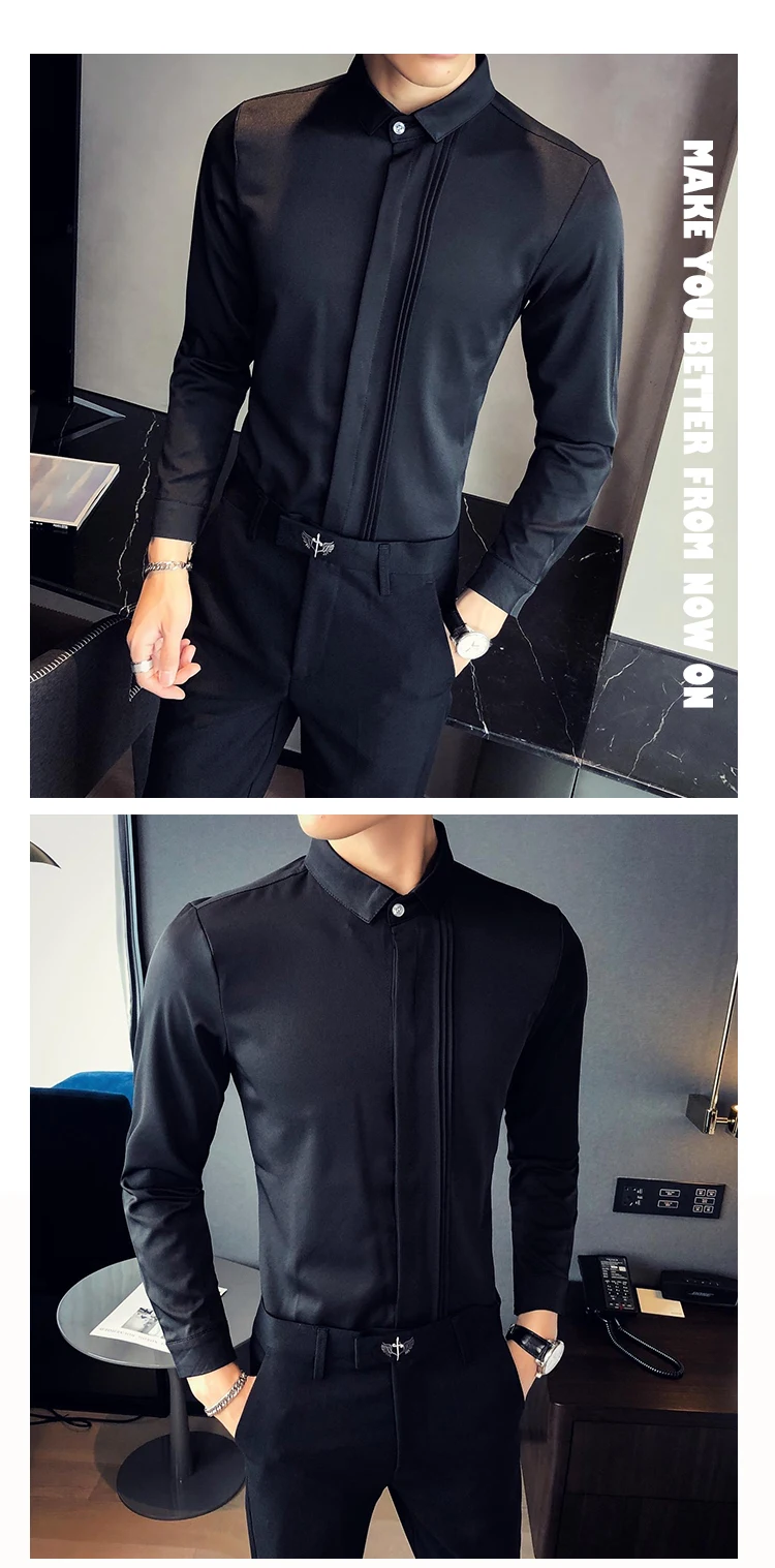 British Style Spring New 2022 Men Tuxedo Shirt Long Sleeve Fashion Simple Front Folds Design Slim Fit Casual Dress Blouse Homme