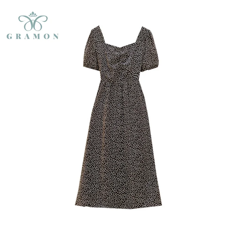 

Женское элегантное платье, Новинка лета 2021, модное платье с квадратным вырезом, персиковым рисунком сердца, коротким рукавом, открытой спин...