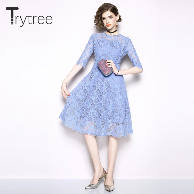 Платье-трапеция женское кружевное однотонное с круглым вырезом лето-осень |